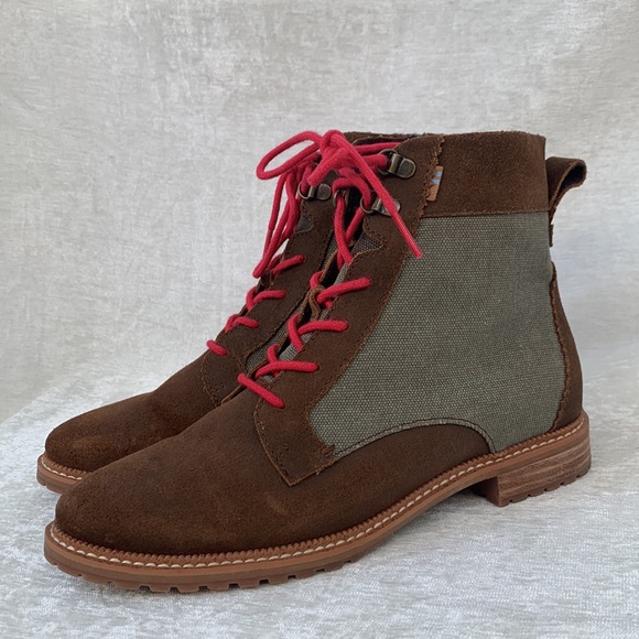 Toms Nolita Brown Suede Olive Green Canvas Hot Pink Lace Up Lug Soles Boots - Picture 3 of 10